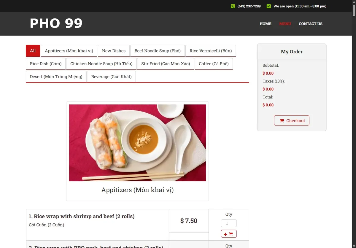 Pho 99's current website as it looks today — a dated ordering page